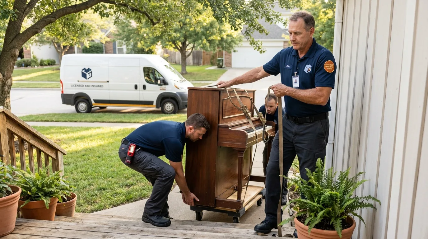 Licensed piano movers securing grand piano in Carrollton, GA