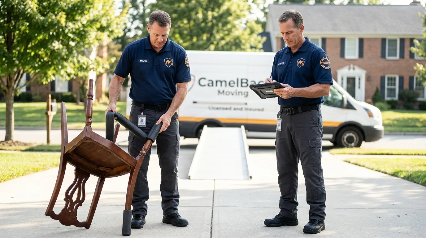 Movers inspecting furniture for damage prevention before loading in Carrollton, GA
