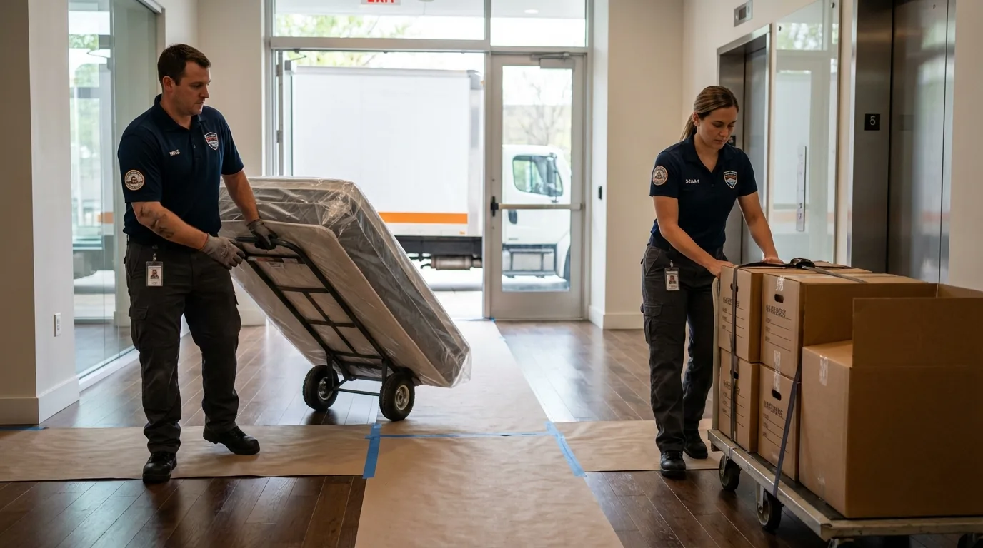 Professional apartment movers loading elevator in Carrollton, GA